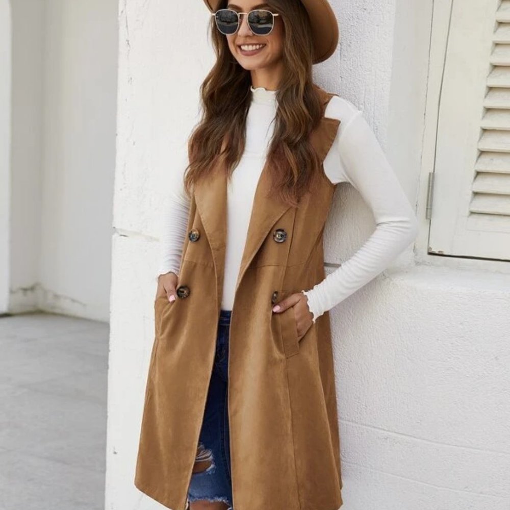 Double Breasted Pocket Side Vest Coat - Camel - Picture 3 of 8